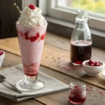 Glass of pale pink Italian cream soda with whipped cream and maraschino cherry on a wooden table.