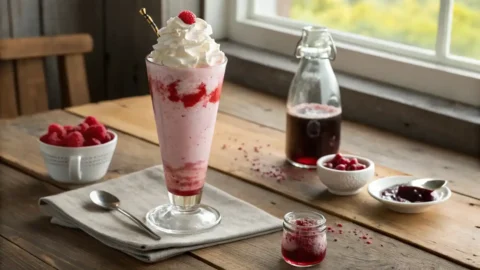 Glass of pale pink Italian cream soda with whipped cream and maraschino cherry on a wooden table.