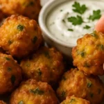 Overhead view of crispy jalapeño corn nuggets showing visible corn kernels and jalapeño pieces.