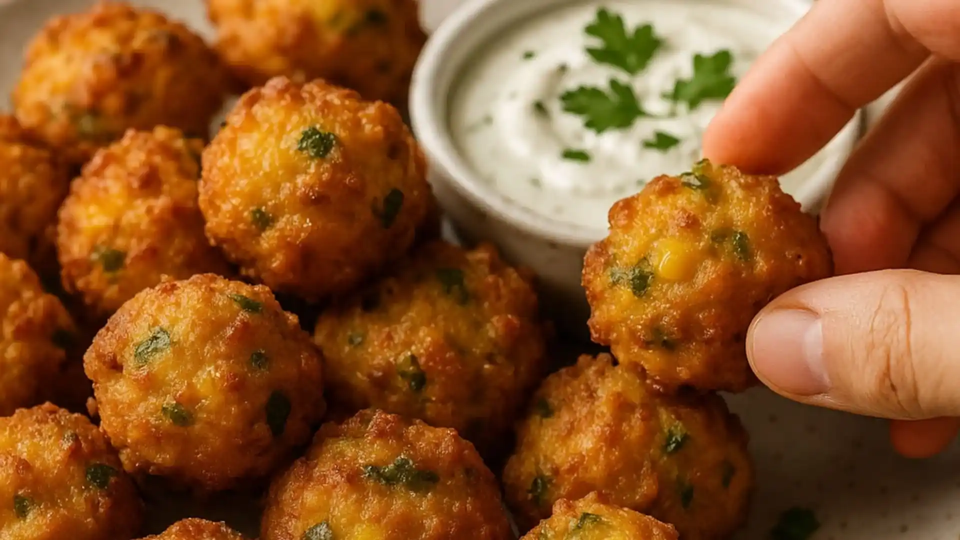 Overhead view of crispy jalapeño corn nuggets showing visible corn kernels and jalapeño pieces.