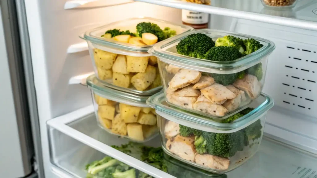 Meal‑prep containers stacked with labelled Skinny Chicken and Roasted Potato portions