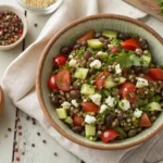 A rustic ceramic bowl filled with Mediterranean Lentil Salad—green lentils, cucumber, red bell pepper, cherry tomatoes, Kalamata olives, and crumbled feta, garnished with parsley.