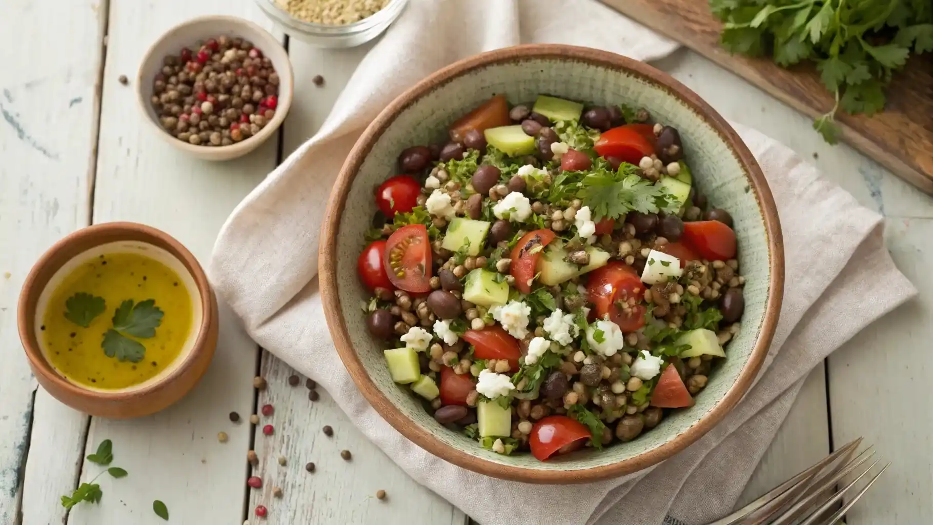 A rustic ceramic bowl filled with Mediterranean Lentil Salad—green lentils, cucumber, red bell pepper, cherry tomatoes, Kalamata olives, and crumbled feta, garnished with parsley.