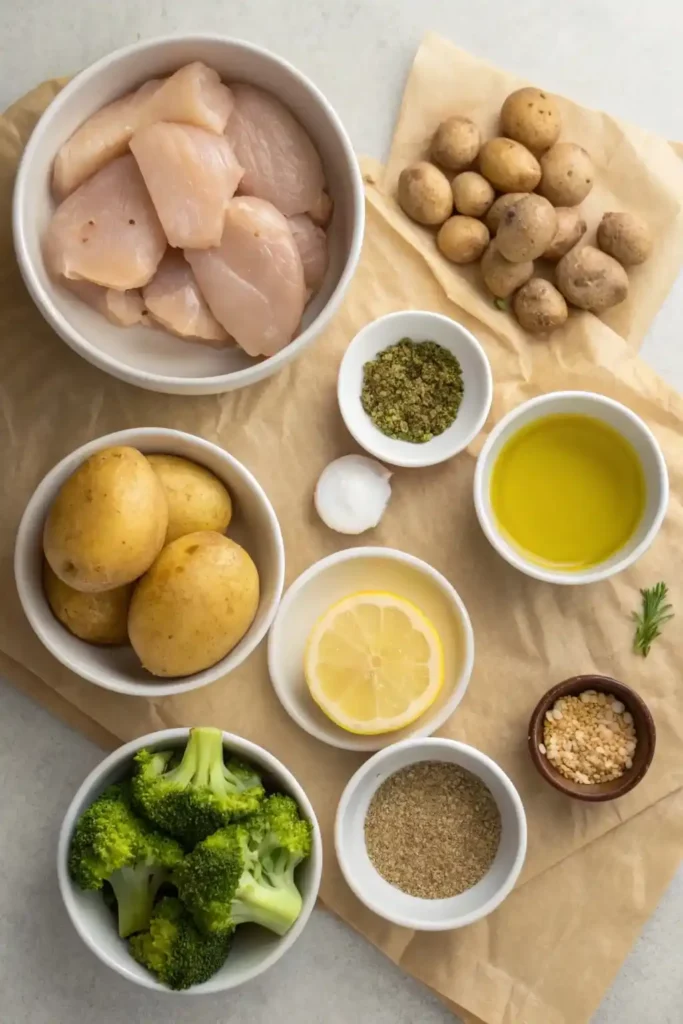 Measured ingredients for Skinny Chicken and Roasted Potato Bowl on parchment paper