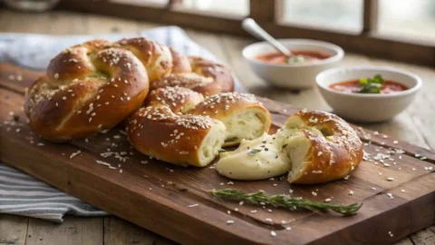 Close-up of golden-brown mozzarella stuffed soft pretzels on a wooden board, topped with chopped rosemary and parmesan, with bowls of marinara and butter in the background.