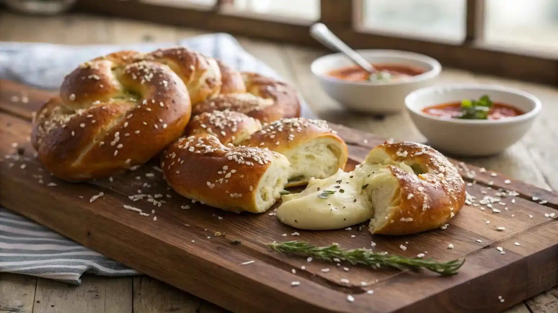 Close-up of golden-brown mozzarella stuffed soft pretzels on a wooden board, topped with chopped rosemary and parmesan, with bowls of marinara and butter in the background.
