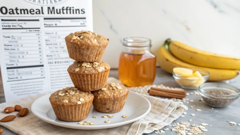 Stacked healthy oatmeal muffins with wholesome ingredients in the background.