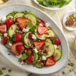 Fresh strawberry-cucumber salad with feta, herbs, and pistachios on a white platter, overhead view