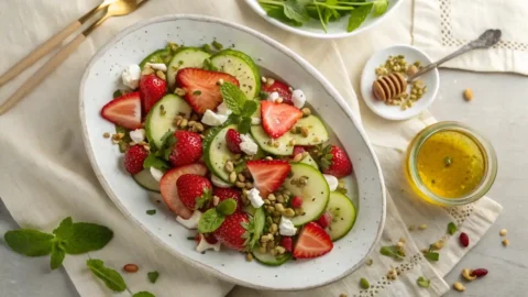 Fresh strawberry-cucumber salad with feta, herbs, and pistachios on a white platter, overhead view