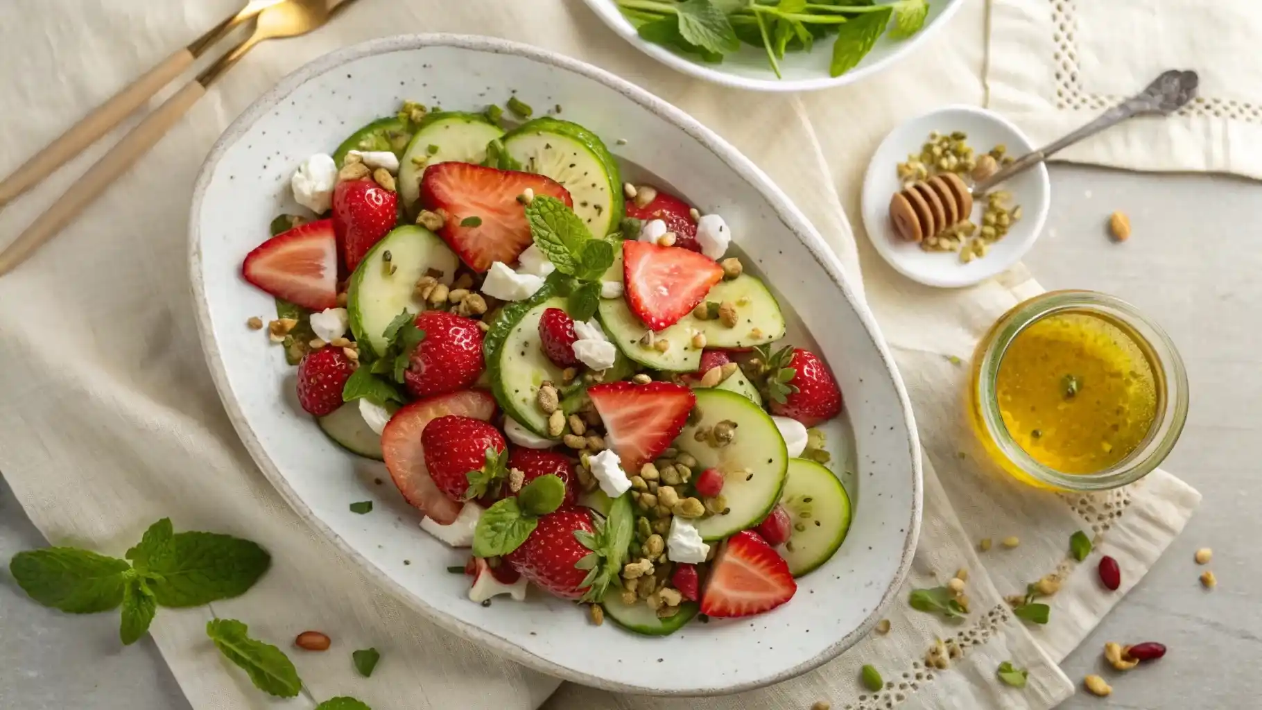 Fresh strawberry-cucumber salad with feta, herbs, and pistachios on a white platter, overhead view
