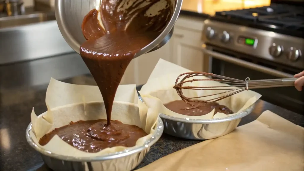 Chocolate cake batter pouring into round pans.