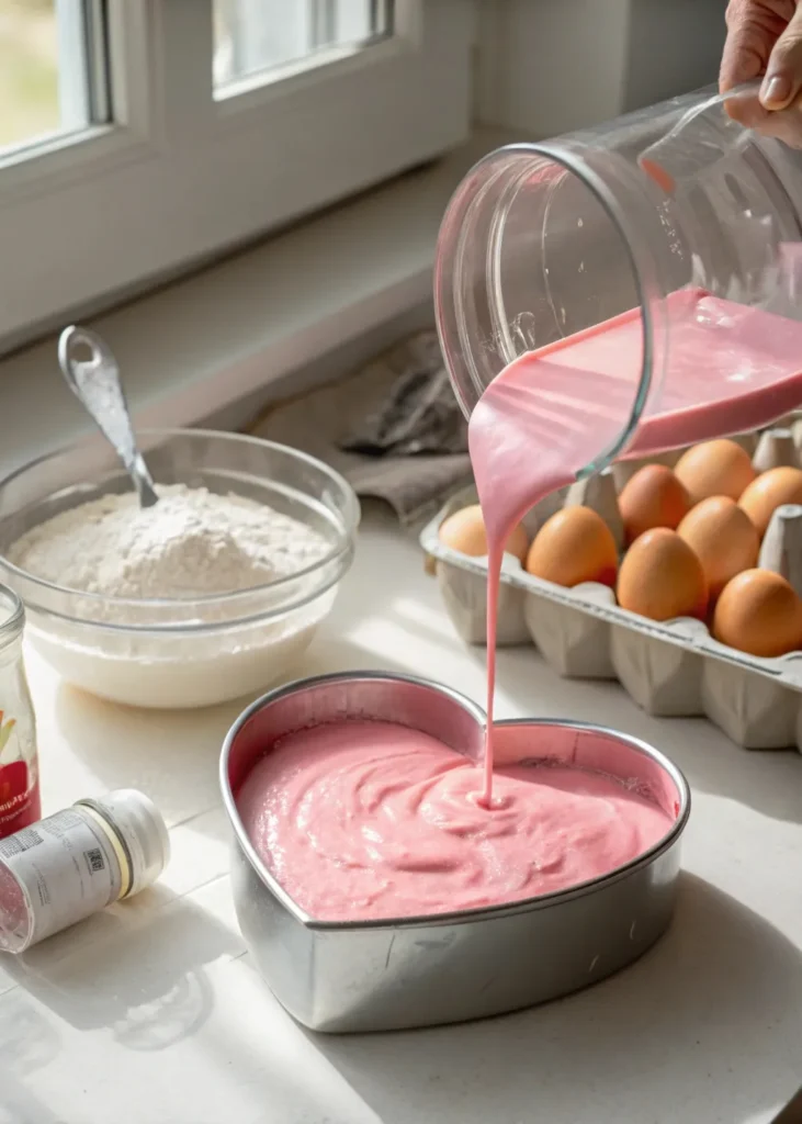 Pink cake batter pouring into a greased heart pan, with eggs, flour, and vanilla nearby.