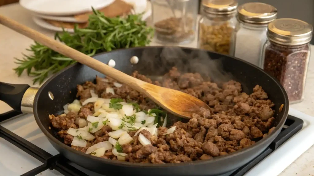 Browned ground beef being cooked with garlic and onions in a skillet.