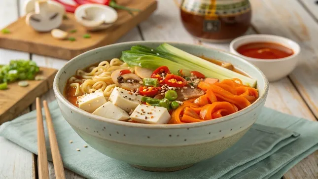 A bowl of spicy ramen noodles with colorful vegetables, tofu, and sesame seeds.