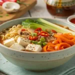 A bowl of spicy ramen noodles with colorful vegetables, tofu, and sesame seeds.