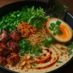 Top-down view of a bowl of ramen in a creamy garlic broth with green onions and a soft-boiled egg.