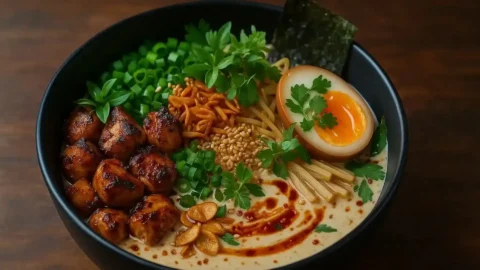 Top-down view of a bowl of ramen in a creamy garlic broth with green onions and a soft-boiled egg.