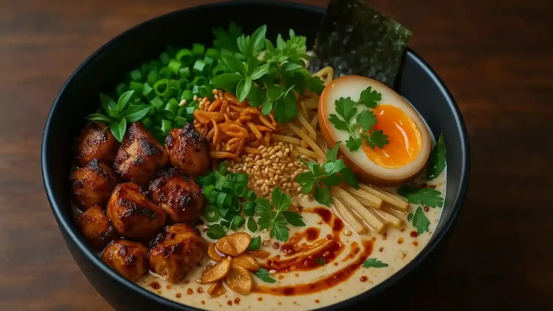Top-down view of a bowl of ramen in a creamy garlic broth with green onions and a soft-boiled egg.