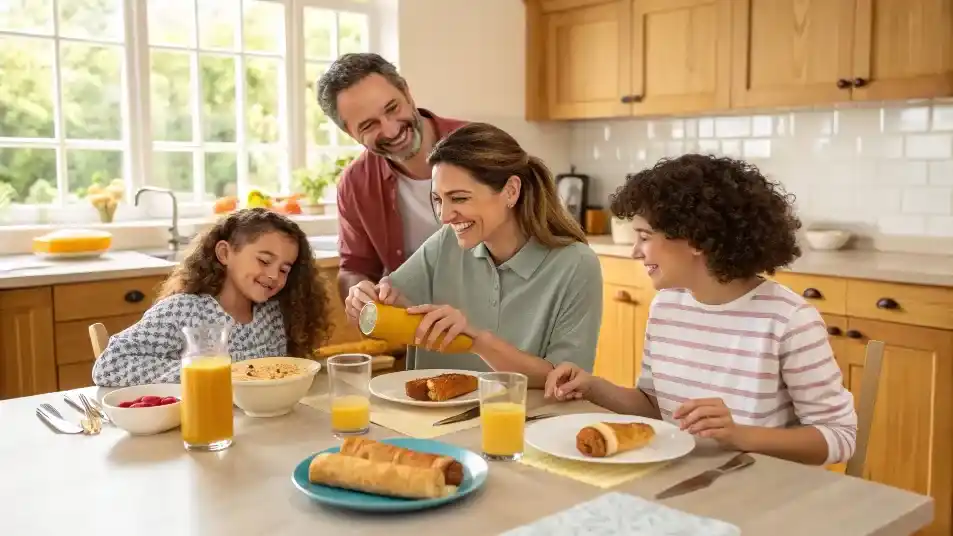 Family enjoying sausage french toast roll-ups together.