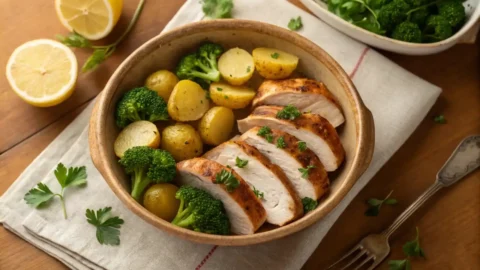 Skinny Chicken and Roasted Potato Bowl with broccoli in a rustic ceramic dish on a wooden table