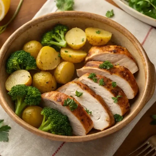 Skinny Chicken and Roasted Potato Bowl with broccoli in a rustic ceramic dish on a wooden table
