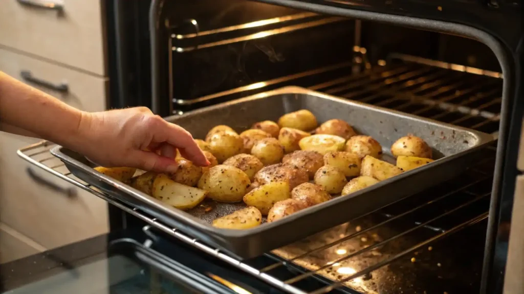 Hand tossing seasoned potatoes onto a hot sheet pan in the oven