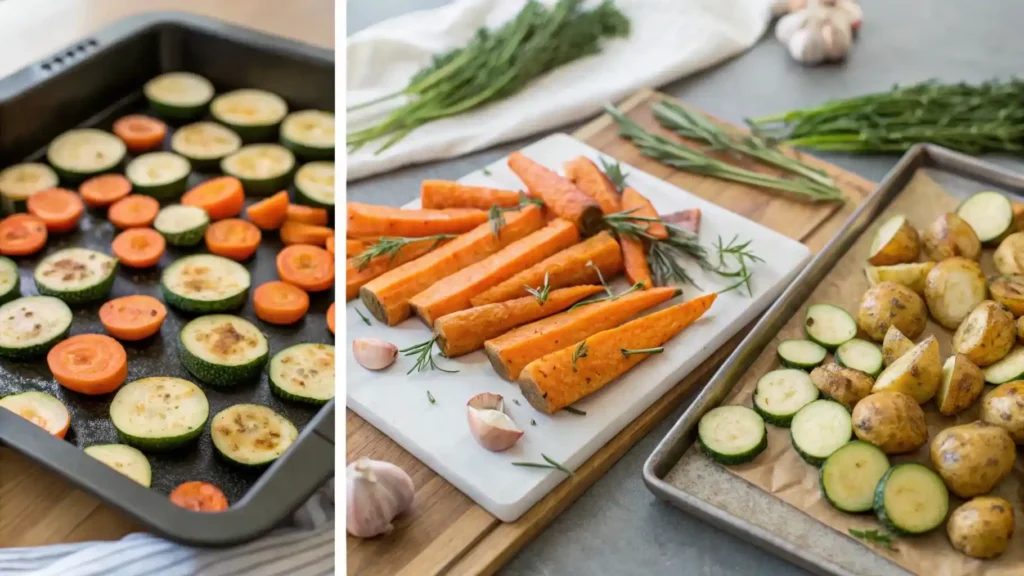Hands tossing vegetables with oil and herbs in a mixing bowl.