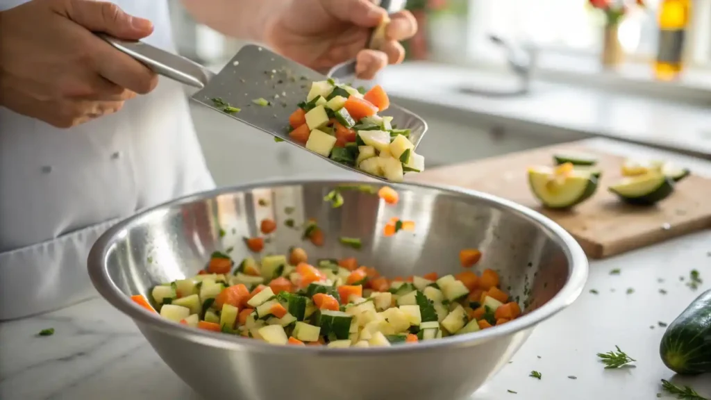Hands tossing vegetables with oil and herbs in a mixing bowl.