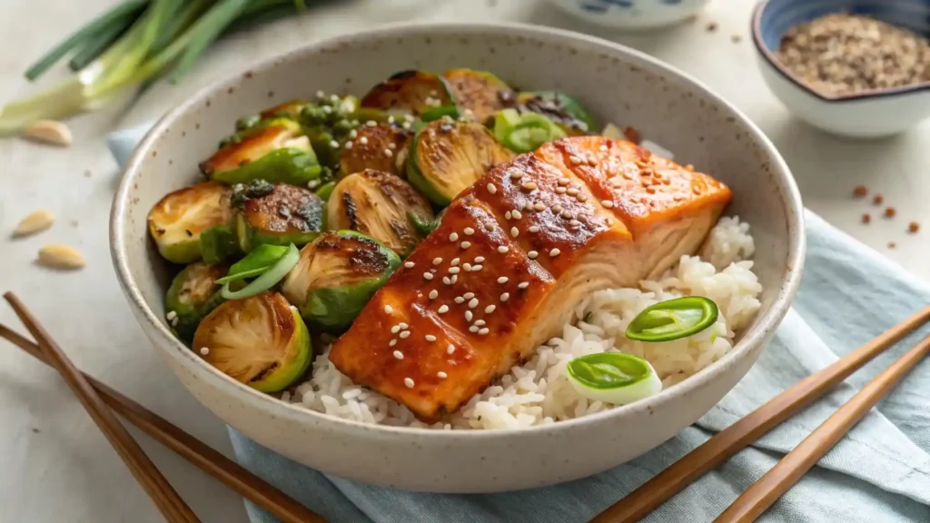 Teriyaki salmon bowl with crispy brussels sprouts, jasmine rice, and sesame seeds