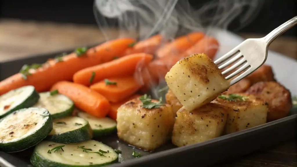 Fork revealing the fluffy interior of a roasted potato next to carrots and zucchini.