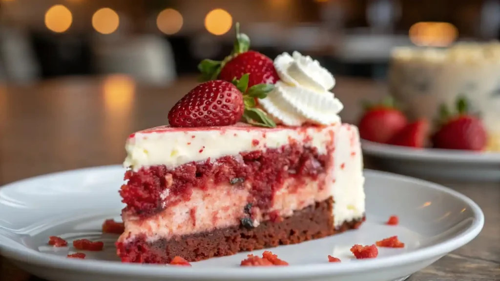 Tall slice of Red Velvet Strawberry Cheesecake topped with whipped cream and fresh strawberries