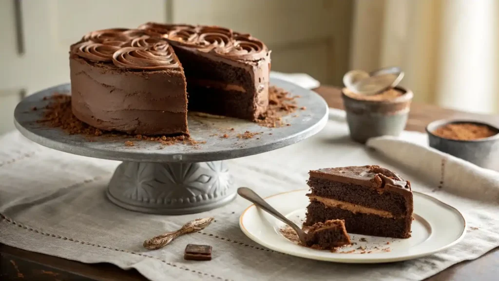 Ultra‑moist chocolate layer cake with glossy frosting and a slice on a plate, shot in natural light.