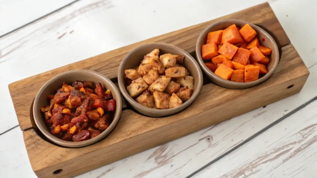 Wooden board showing sweet potatoes, chicken thighs, and spicy seasoning options