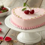 Vintage pink heart-shaped cake with buttercream shell border, edible glitter, and cherries on a white pedestal.