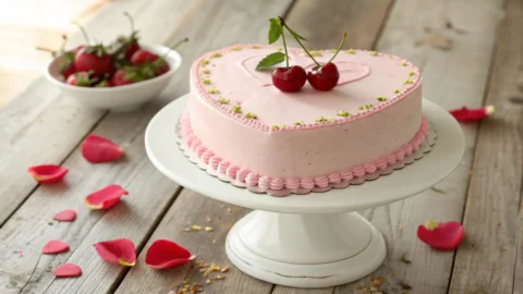 Vintage pink heart-shaped cake with buttercream shell border, edible glitter, and cherries on a white pedestal.