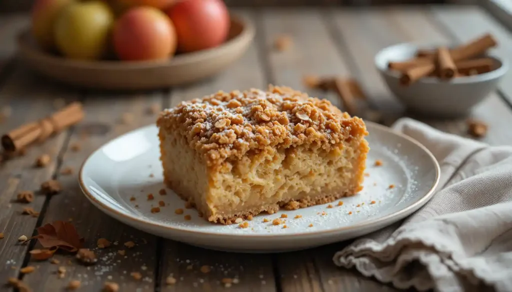 A warm slice of healthier apple crumble cake with a golden oat topping, served on a rustic plate beside fresh apples and cinnamon sticks.