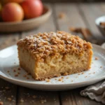 A warm slice of healthier apple crumble cake with a golden oat topping, served on a rustic plate beside fresh apples and cinnamon sticks.