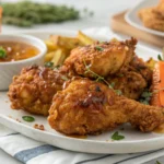 Crispy Baked Crunchy Hot Honey Chicken drizzled with spicy honey glaze and garnished with herbs