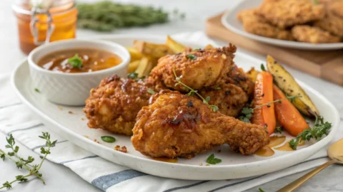 Crispy Baked Crunchy Hot Honey Chicken drizzled with spicy honey glaze and garnished with herbs