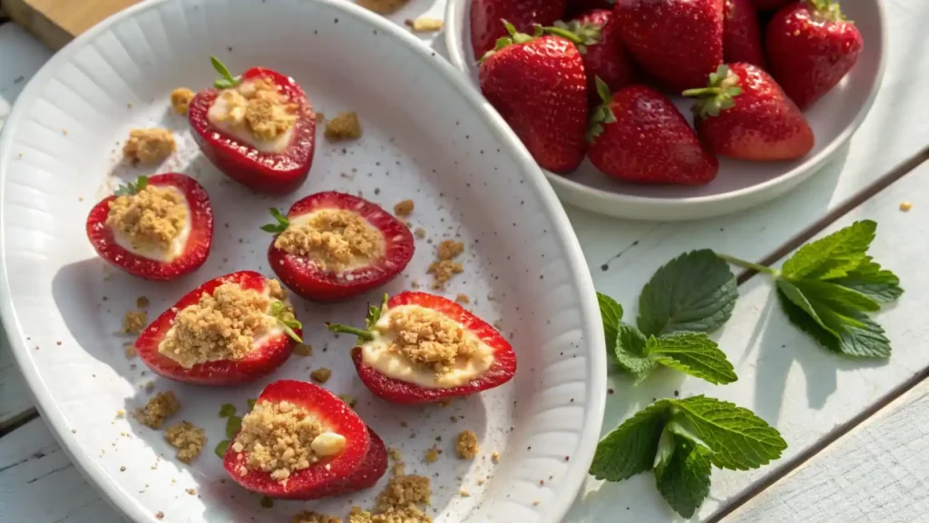 Easy Cheesecake Deviled Strawberries topped with graham cracker crumbs on a white plate