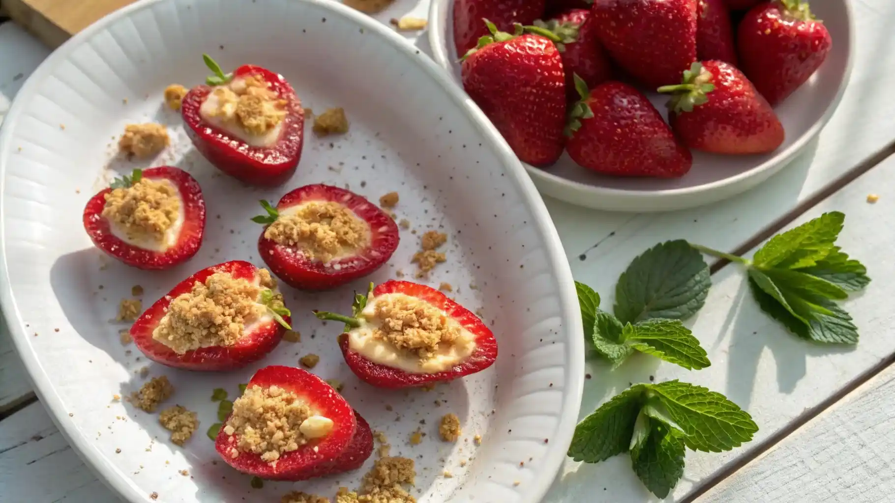 Easy Cheesecake Deviled Strawberries topped with graham cracker crumbs on a white plate