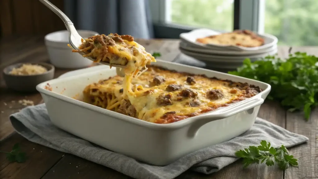 Golden Beef Lombardi casserole with cheese crust and a spoon lifting a cheesy serving
