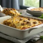 Golden Beef Lombardi casserole with cheese crust and a spoon lifting a cheesy serving