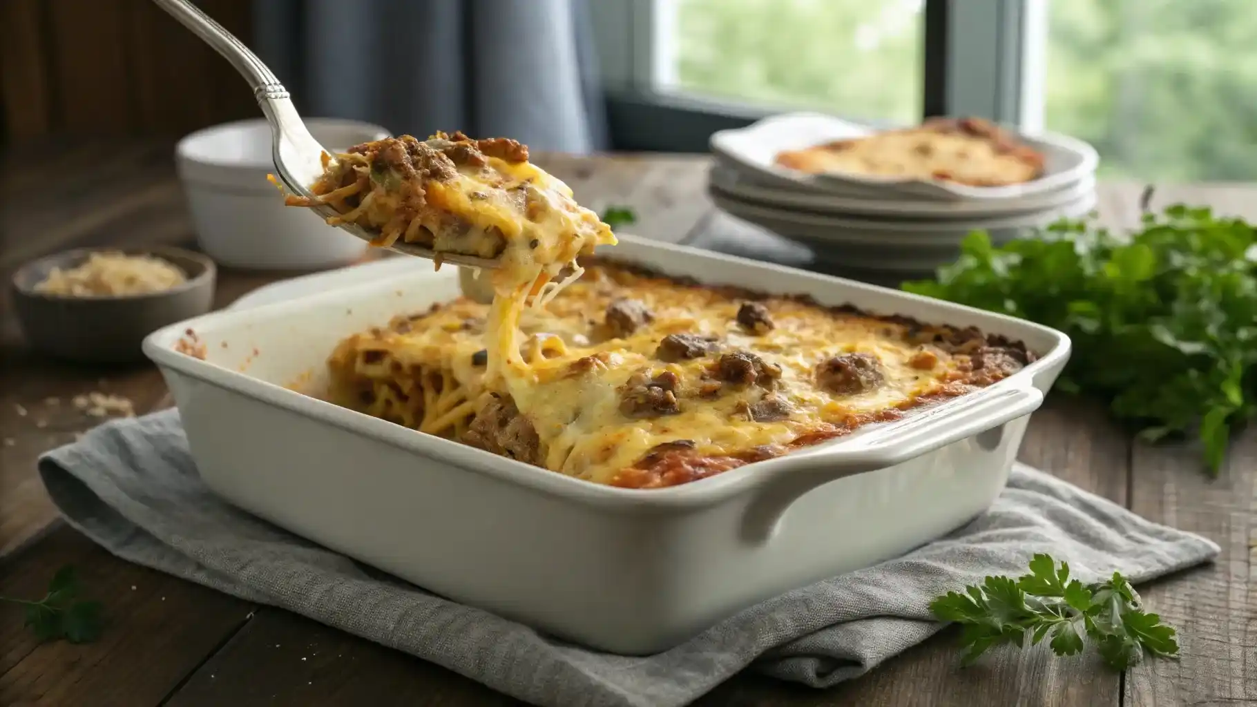 Golden Beef Lombardi casserole with cheese crust and a spoon lifting a cheesy serving