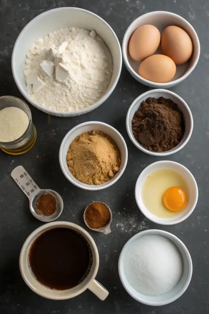 Flat‑lay of measured ingredients for chocolate cake on a dark counter.
