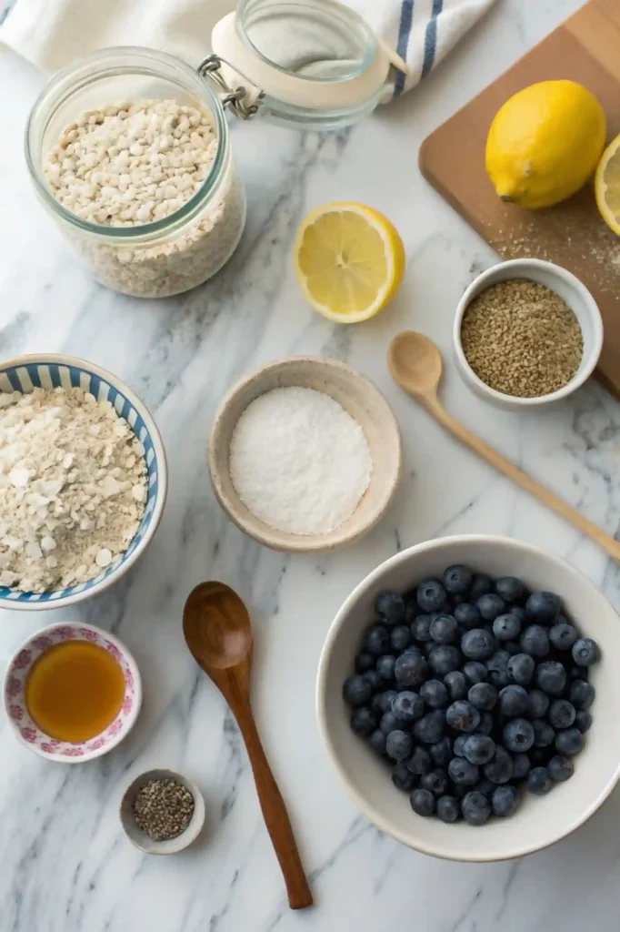  Flat‑lay of ingredients for blueberry oatmeal bars on a marble surface.