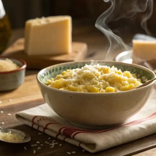 A bowl of creamy pastina topped with Parmesan and butter in a cozy kitchen setting