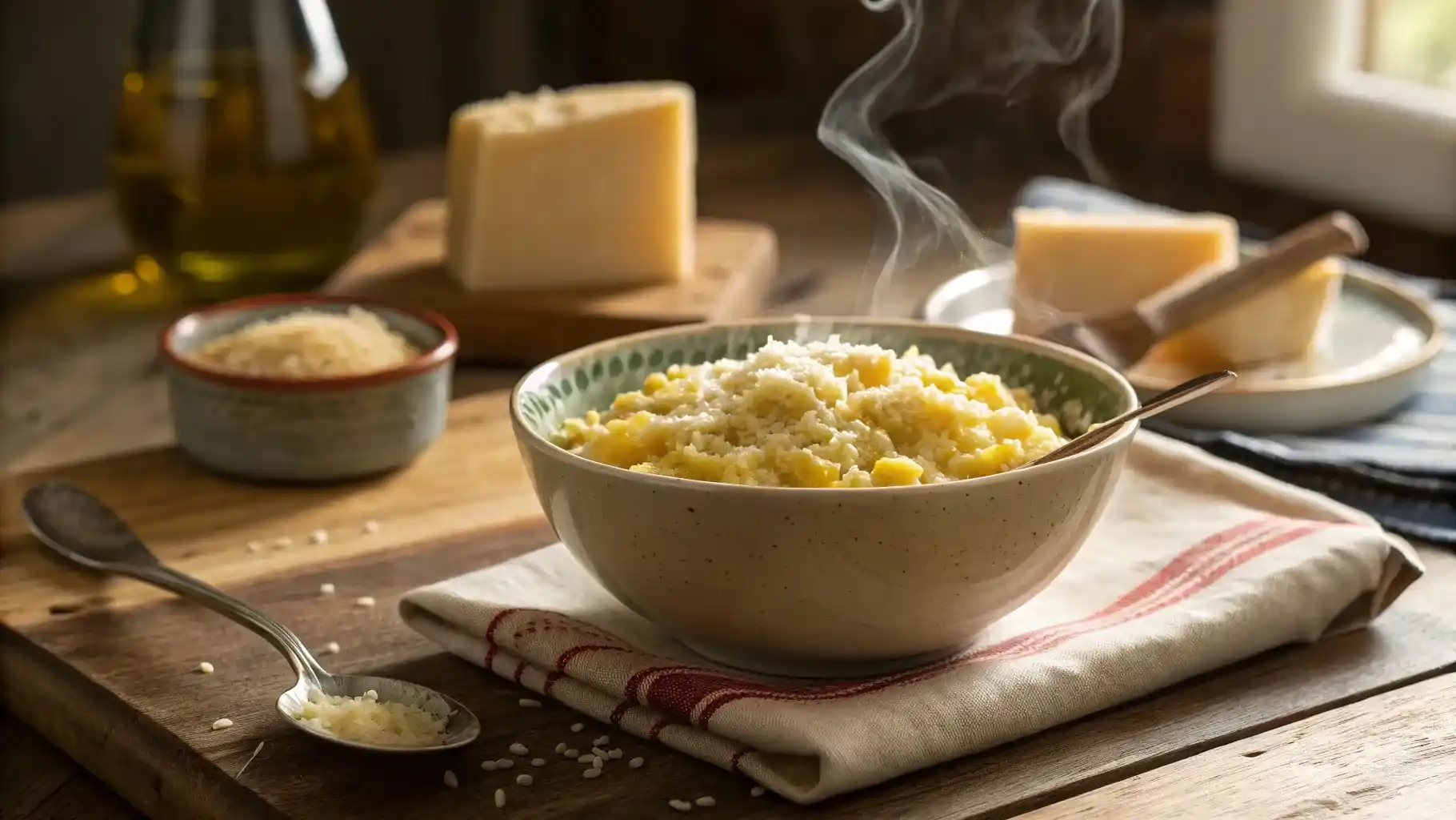 A bowl of creamy pastina topped with Parmesan and butter in a cozy kitchen setting