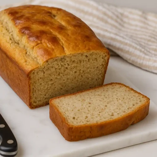 Freshly sliced 3 Ingredient Banana Bread on a wooden board beside ripe bananas, cake mix box, and condensed milk in warm daylight.