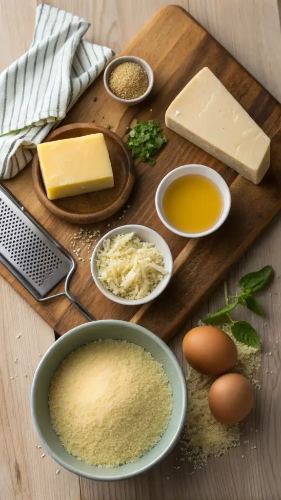 Top view of measured pastina ingredients arranged on a wooden counter